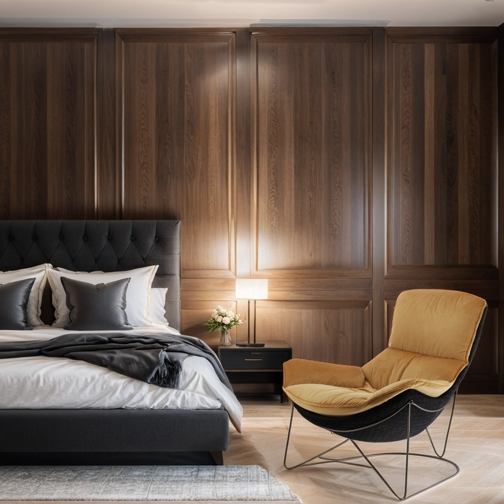 Drewno na ścianie w sypialni aranżacje. Inspiracje z drewna w sypialni. Drewniane wnętrza nowoczesne.